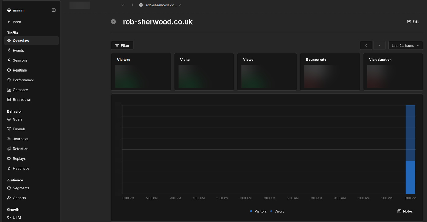 The Umami dashboard for this website: visitors, visits, views, bounce rate and visit duration across the top, with a chart of the last 24 hours below. The figures are blurred.